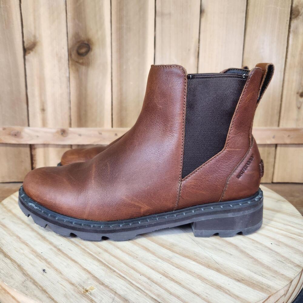 Sorel Lennox Chelsea Boots Womens 9 Brown Leather Ankle Pull On Lug Sole